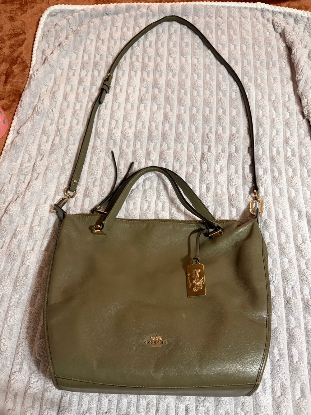 Coach Olive Green Leather Satchel with Detachable Shoulder Strap